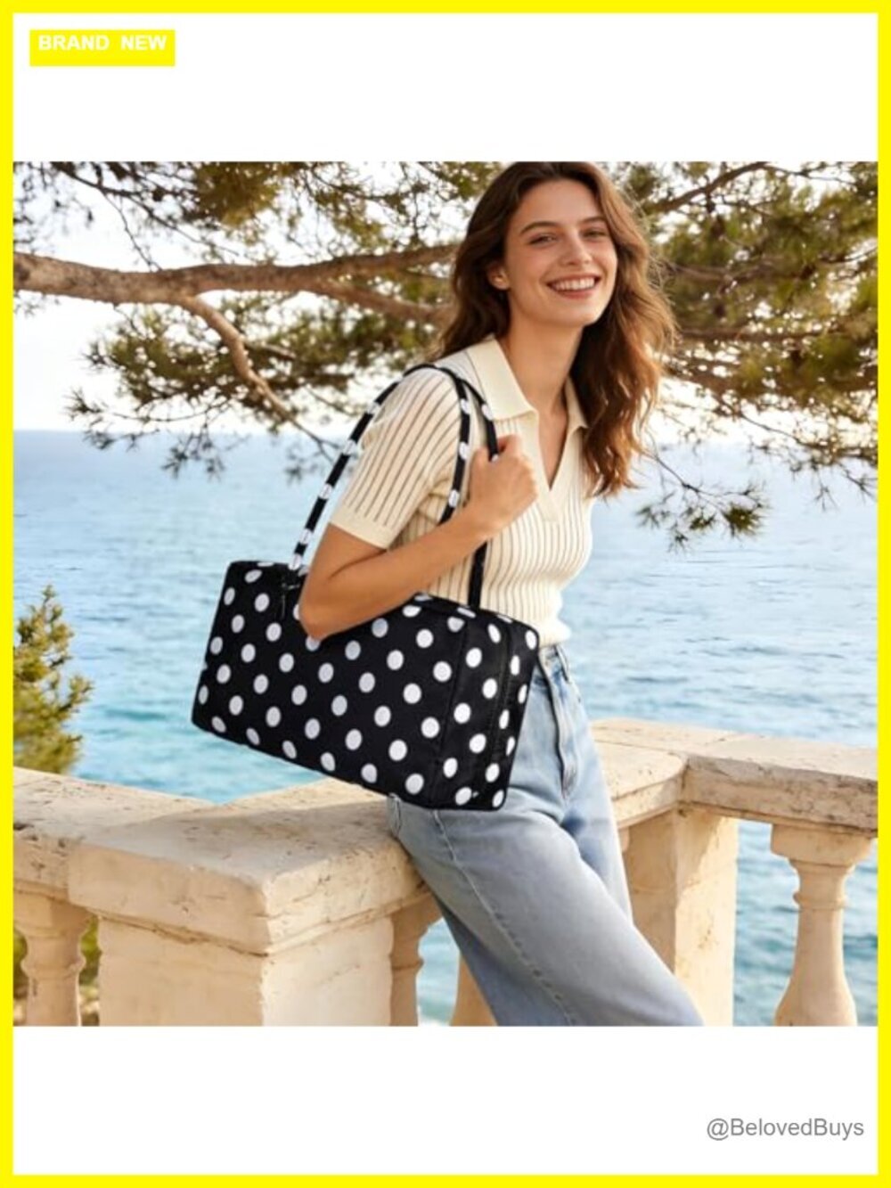 Nylon Polka Dot Bowler Top Handle Tote Bag with Key Leash - Picture 2 of 7